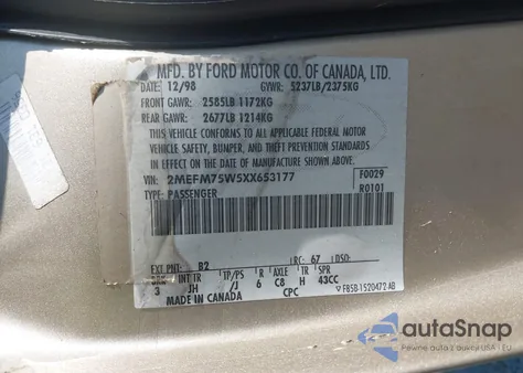 1999 Mercury Grand Marquis Ls из США, поврежденный, VIN 2MEFM75W5XX653177